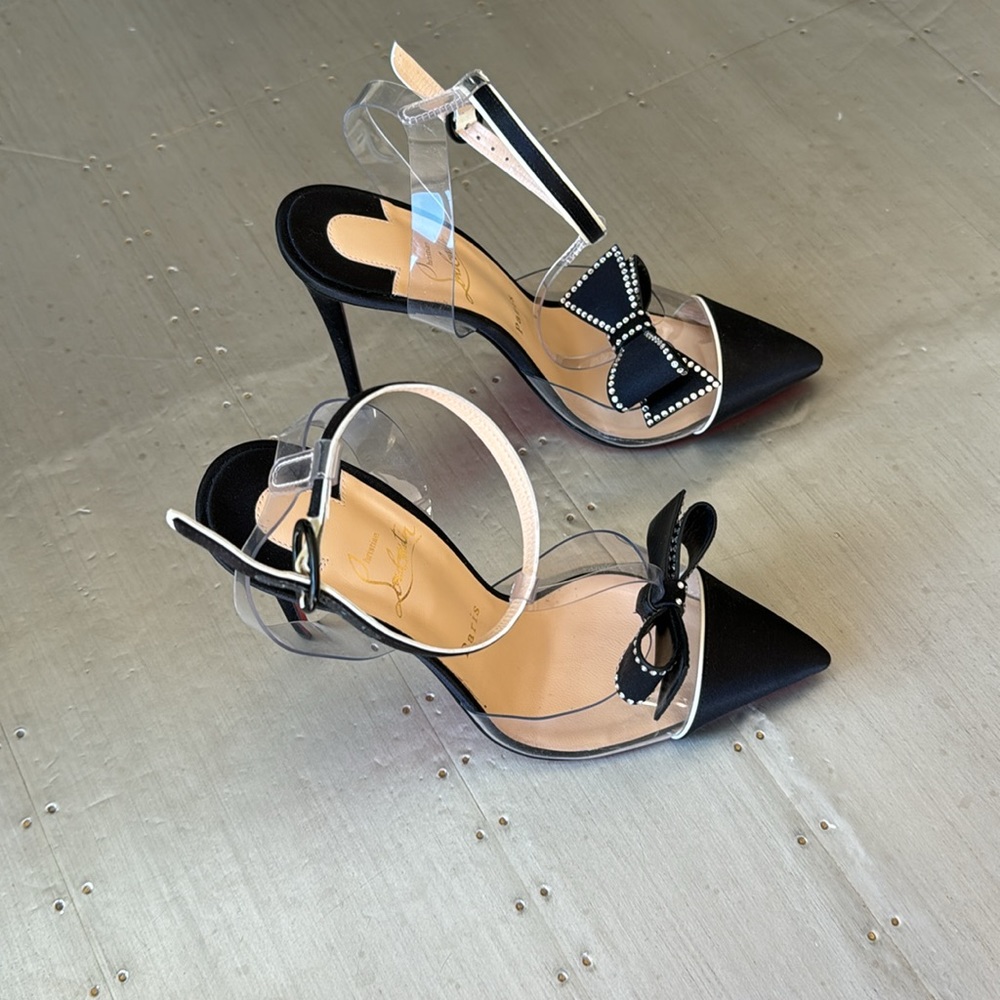 Christian Louboutin naked bow black satin crystal 100mm stiletto sz 38.5 - Picture 2 of 14